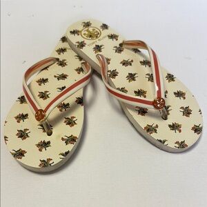 Tory Burch Women's Floral Flip Flops - Cream and Orange